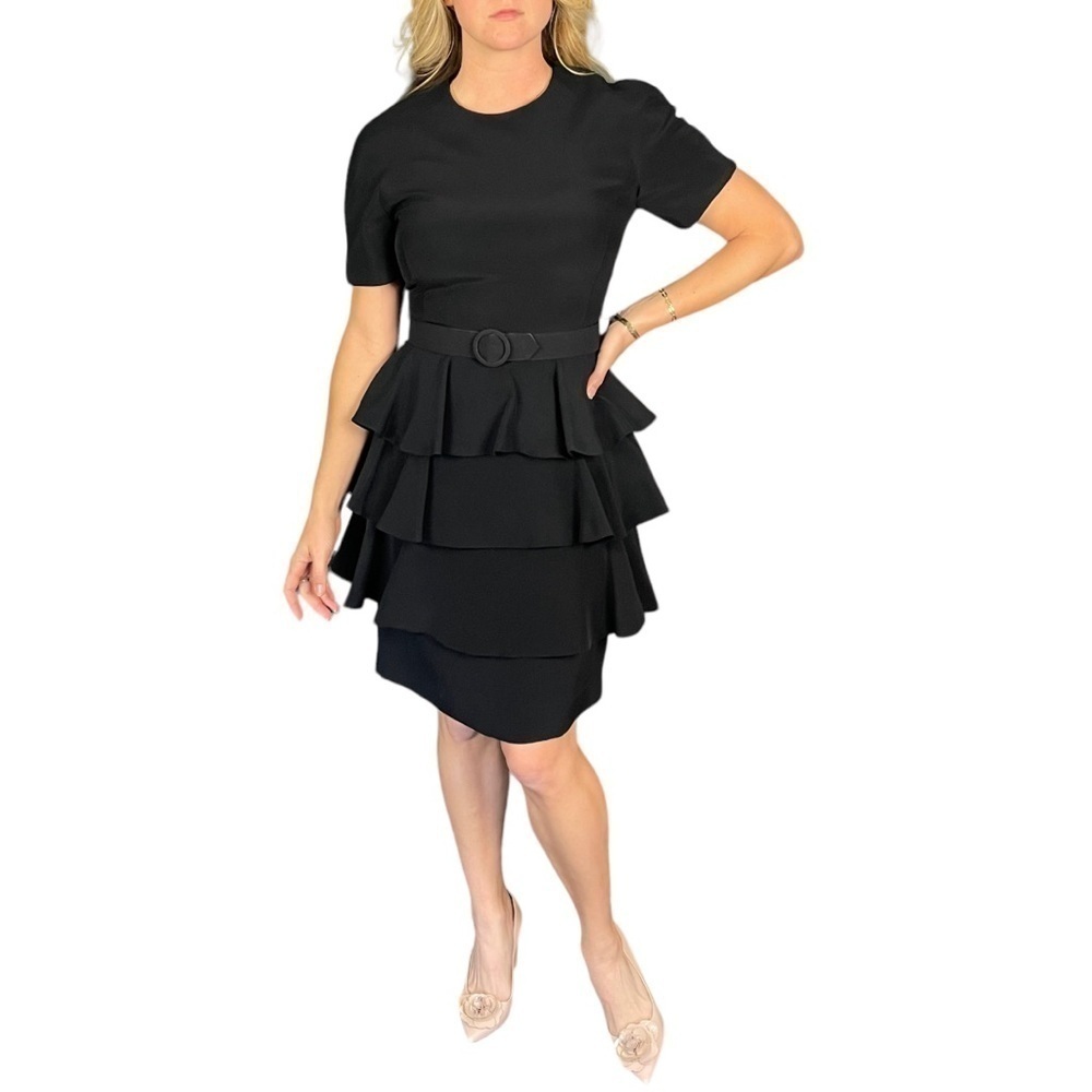 VINTAGE ARNOLD SCASSI BLACK RUFFLE TIER BELTED COCKTAIL 90S PARTY DRESS